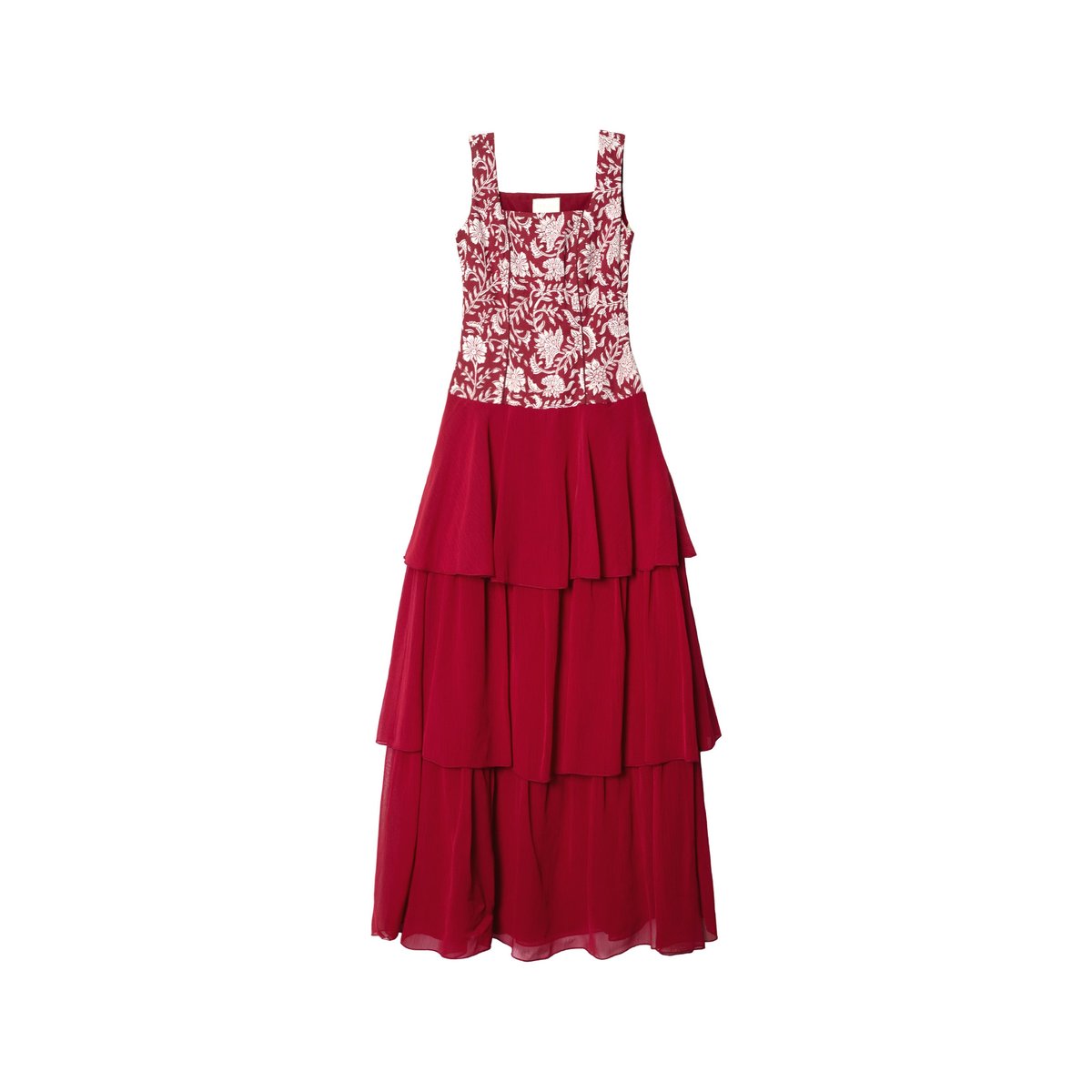 Robe midi avec bustier brodé et jupe en mousseline à trois volants rouge, THE-ARE