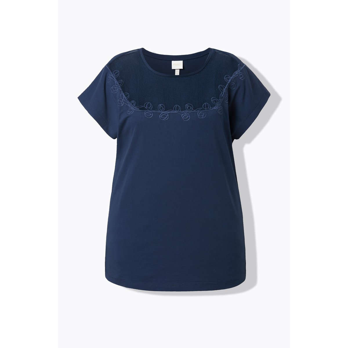 T-shirt en coton bio, empiècement en crochet marine, ULLA POPKEN
