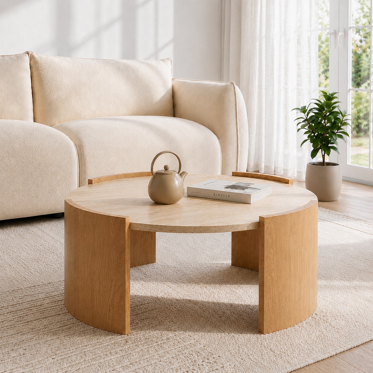 Table basse ronde effet travertin et bois - IZIA bois clair, CALICOSY