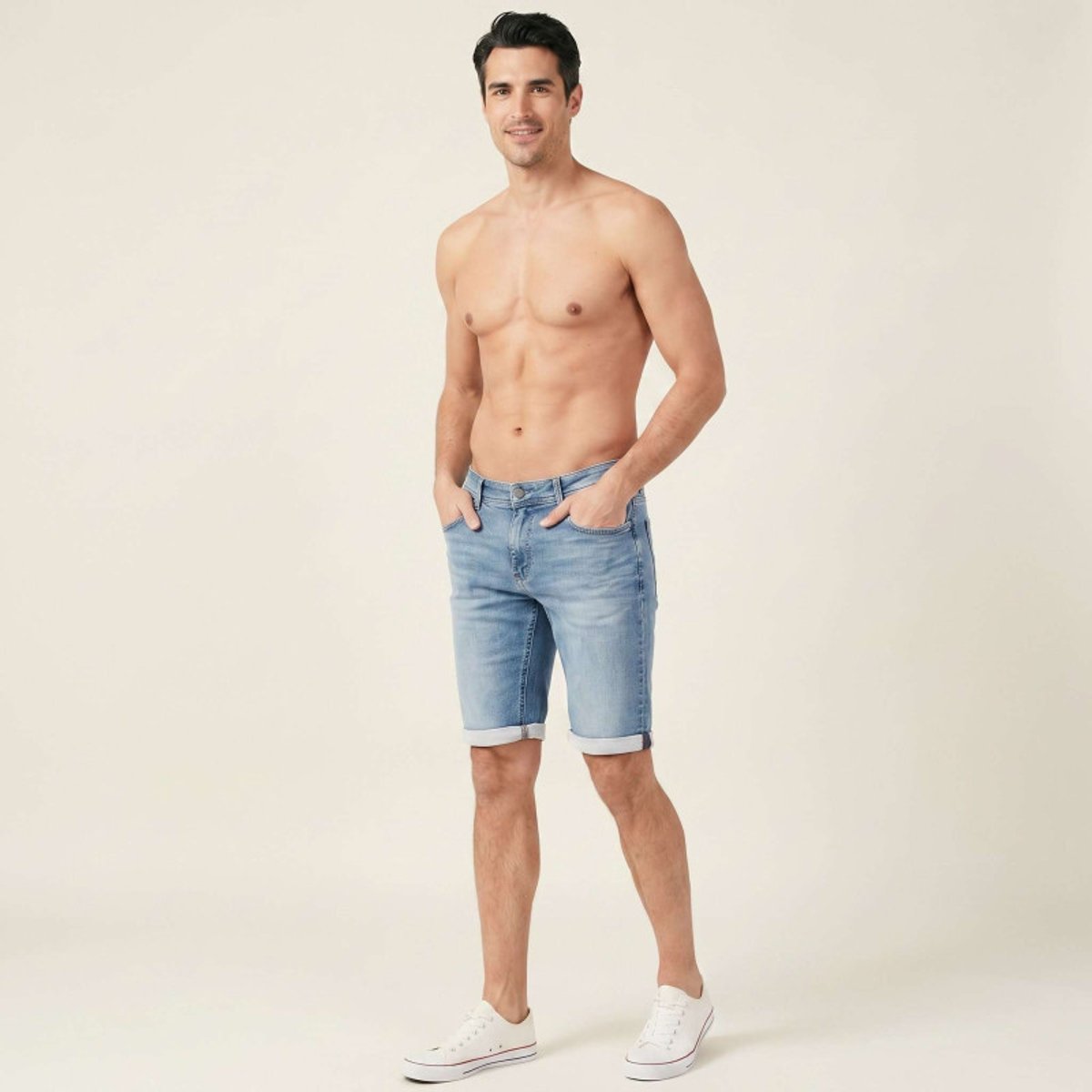 Short en coton bleu délavé avec une coupe droite et à 5 poches bleu, TEDDY SMITH