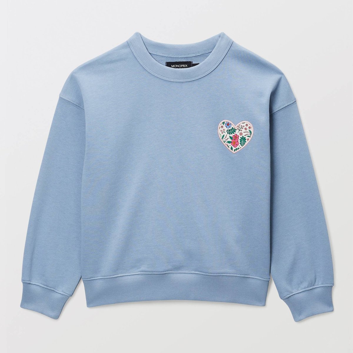 Sweat brodé contenant du coton BIO GOTS dusty blue, MONOPRIX