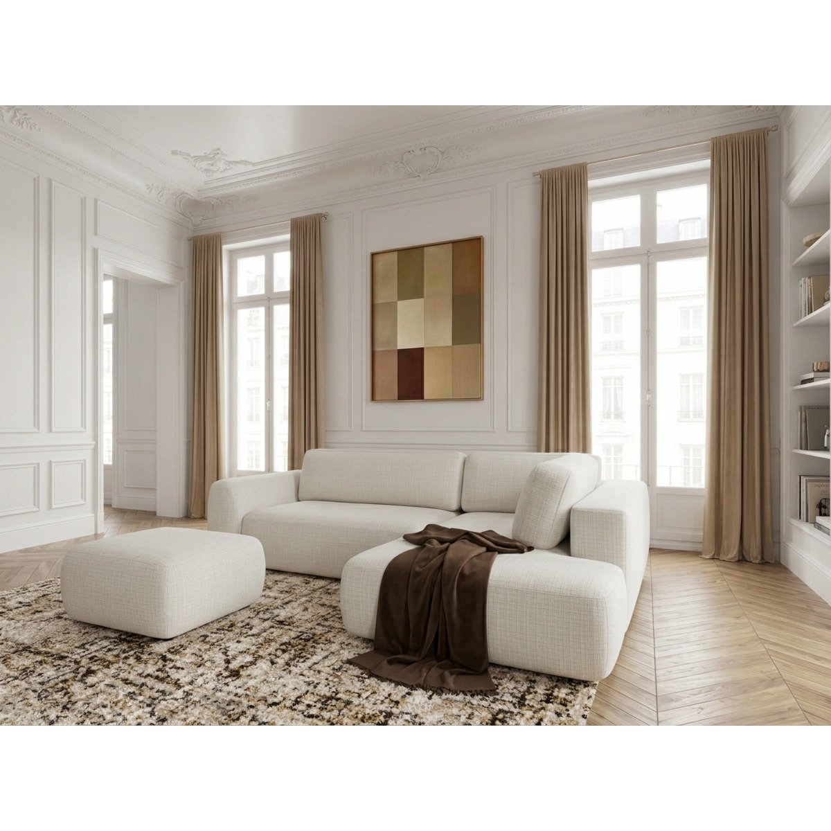 Canapé d'angle convertible 4 places en tissu texturé avec pouf, DENISE blanc, BOBOCHIC