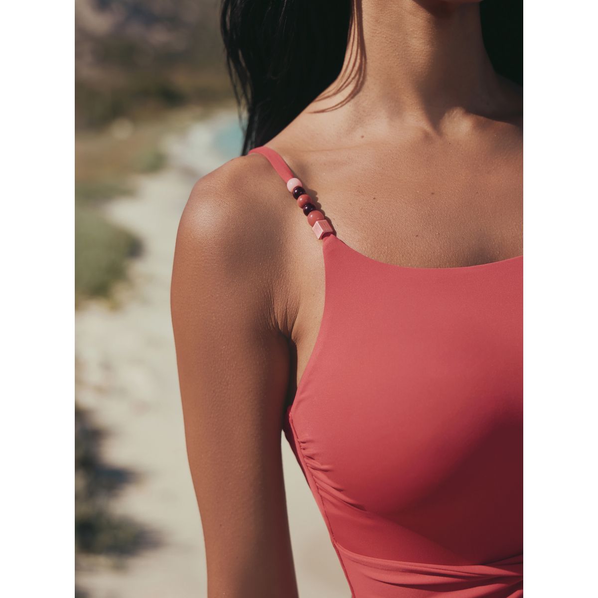 Maillot de bain gainant à bretelles perles rouge rouille, NEXT