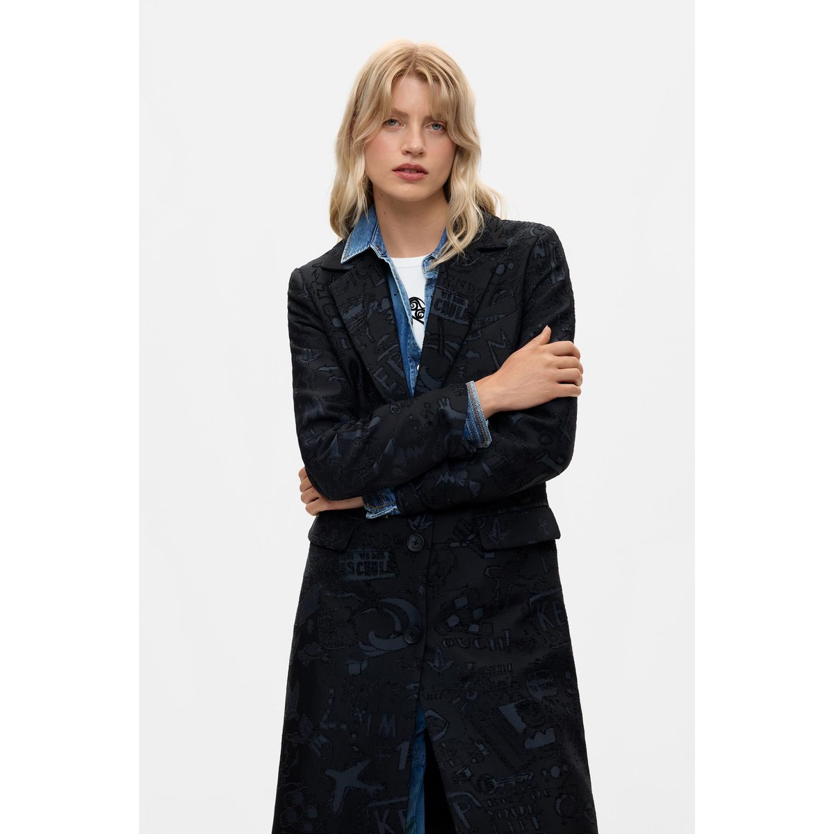 Manteau droit jacquard noir, DESIGUAL