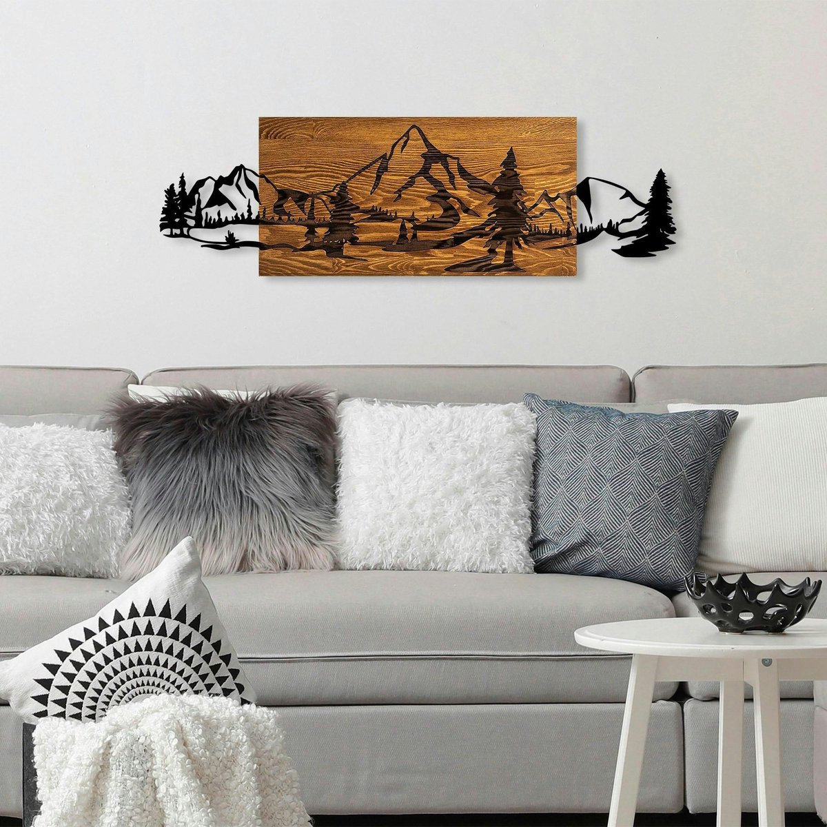 Décoration murale en métal et bois – paysage de montagne noir, PIER IMPORT