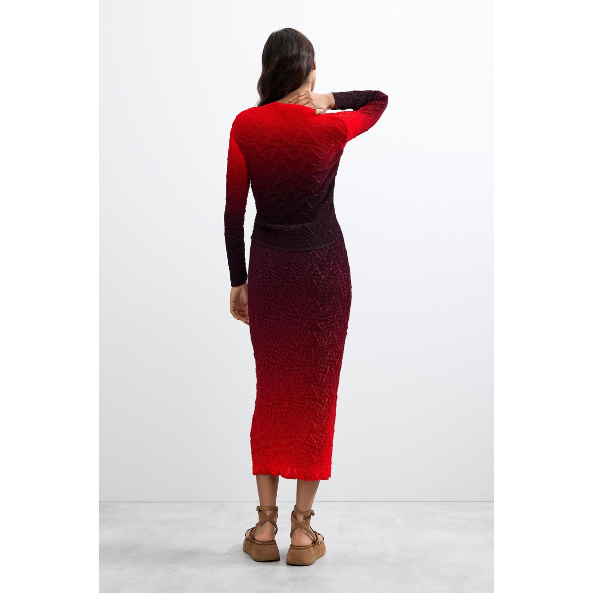 Jupe midi dégradée rouge, DESIGUAL