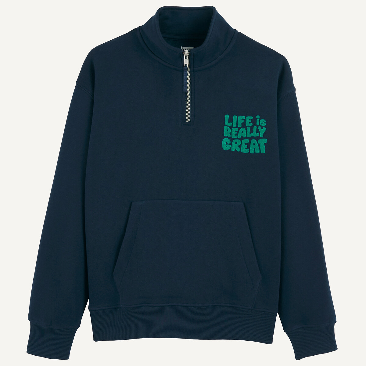 Sweat col camionneur zippé, avec message imprimé, en molleton bleu marine, LA REDOUTE COLLECTIONS