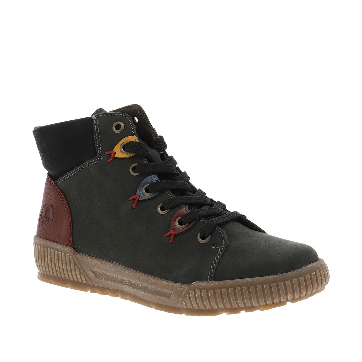 Bottines kaki à talon plat et à lacets et zip latéral avec oeillets colorés kaki, RIEKER