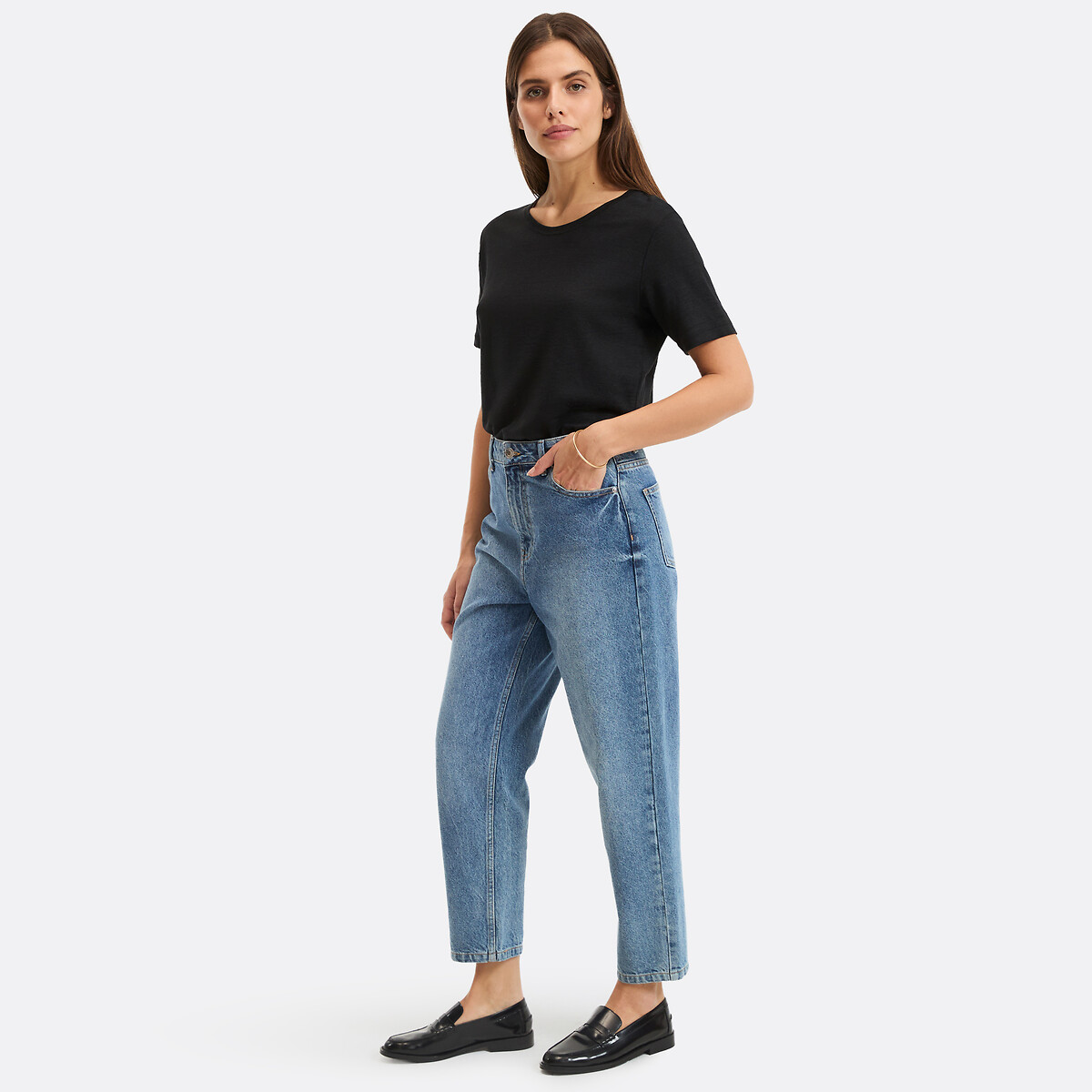 Linen Crew Neck T-Shirt with Short Sleeves black, LA REDOUTE COLLECTIONS