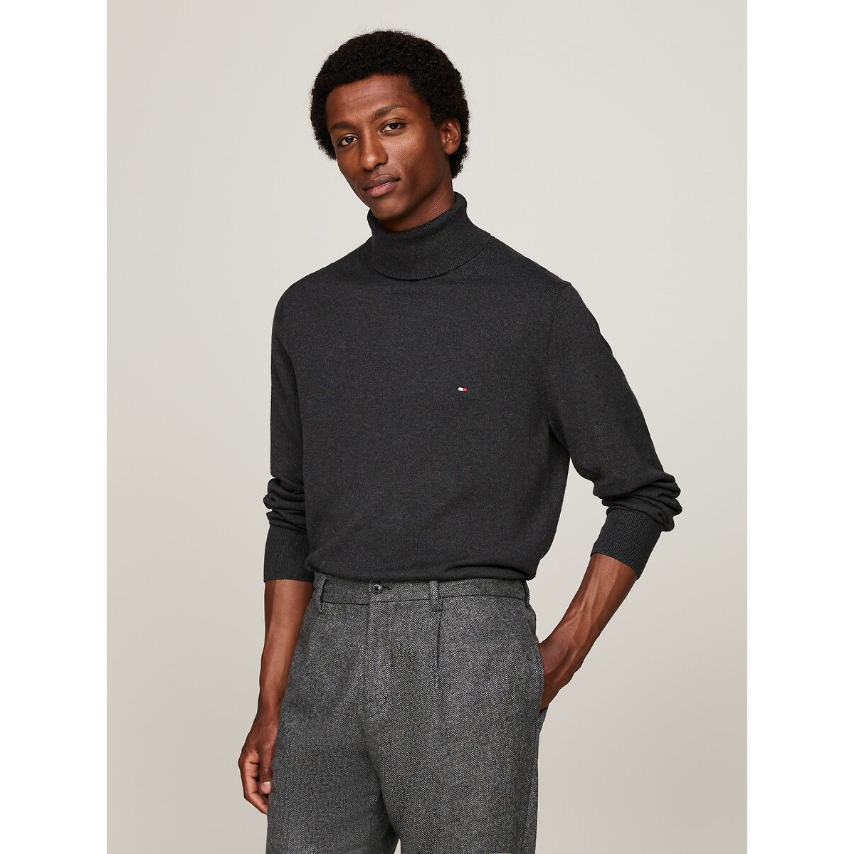 Pull col roulé en coton pima et cachemire gris foncé, TOMMY HILFIGER