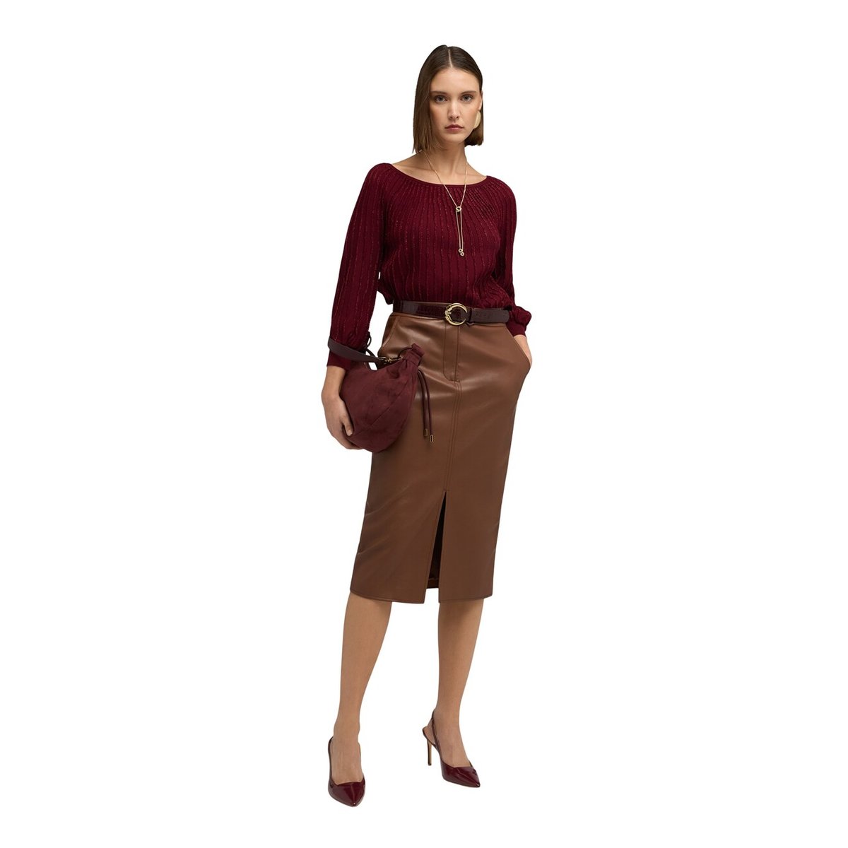Pull à rayures fil textile et manches ballon burgundy, MOTIVI