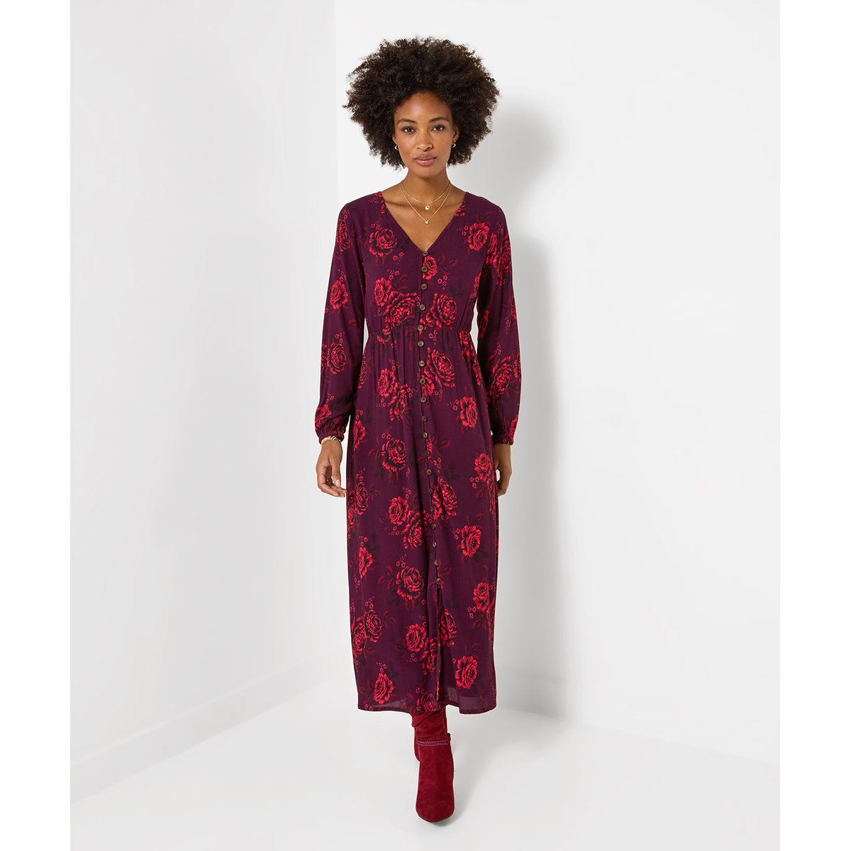 Robe Longue Boutonnée Roses Éclatantes rouge, JOE BROWNS