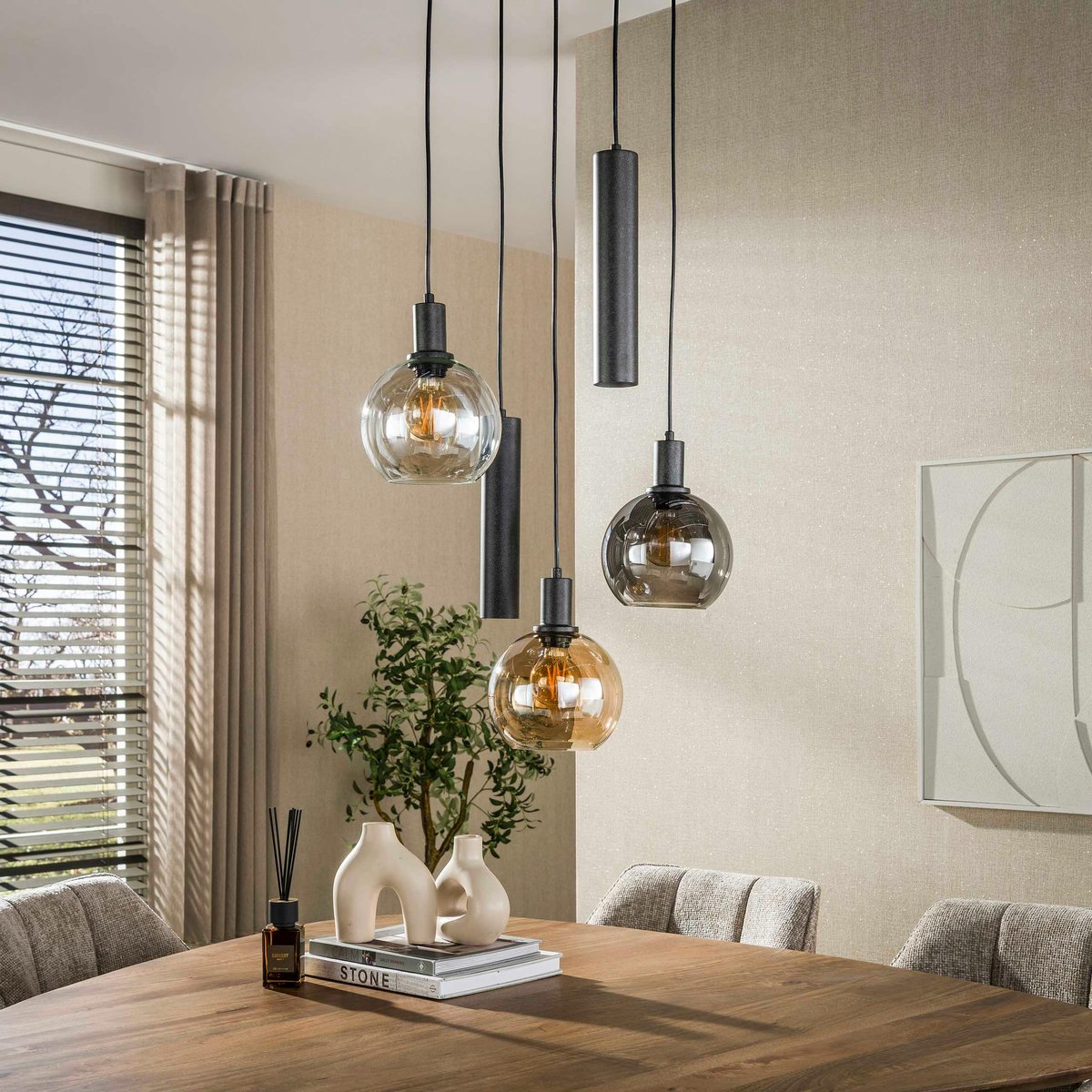 Suspension grande hauteur verre tricolore métal 5 lampes NOVA chrome, PIER IMPORT