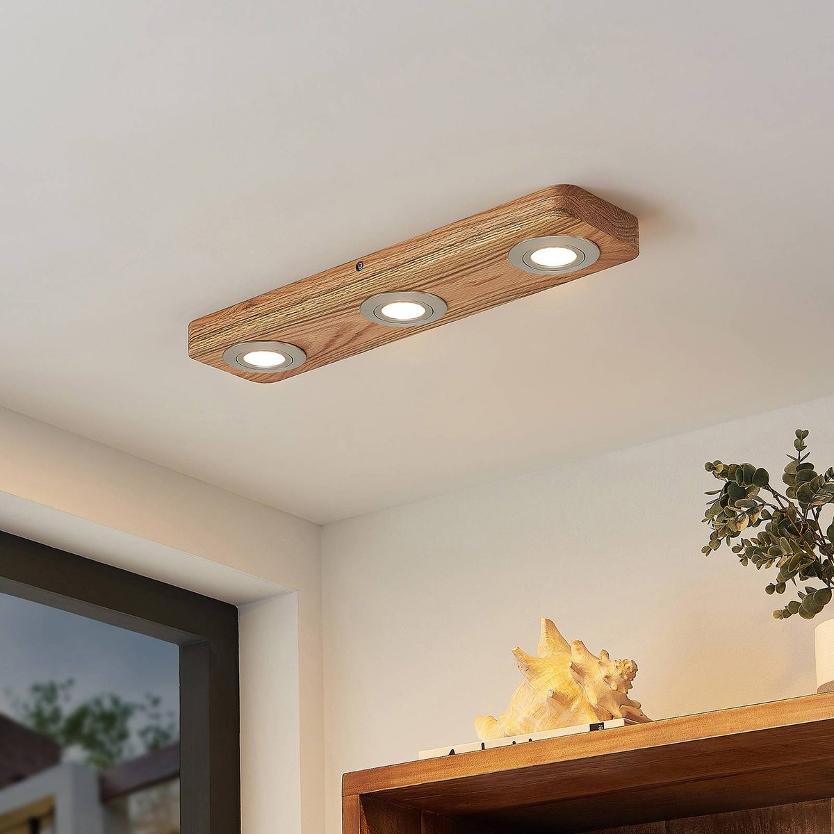Plafonnier en bois moderneLED, Mikari bois clair, nickel satiné, LINDBY