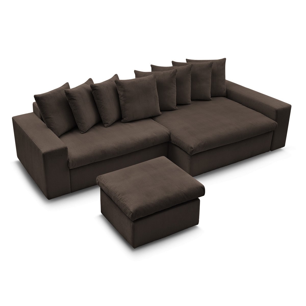 Canapé d'angle fixe 3 places en velours côtelé avec pouf, ENORE marron, BOBOCHIC