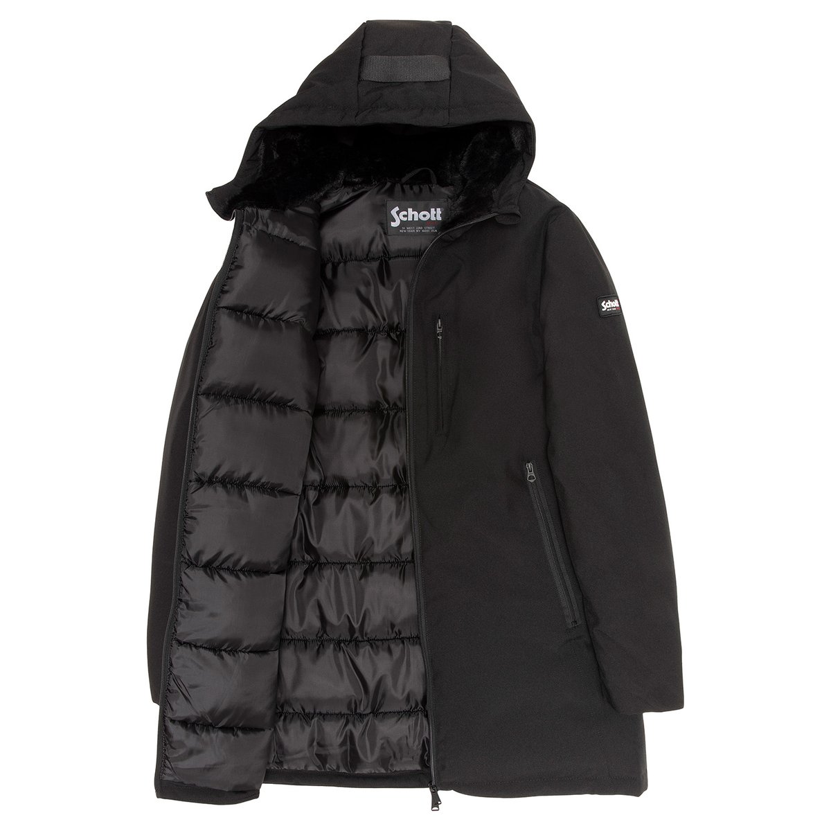 Manteau long à capuche noir, SCHOTT