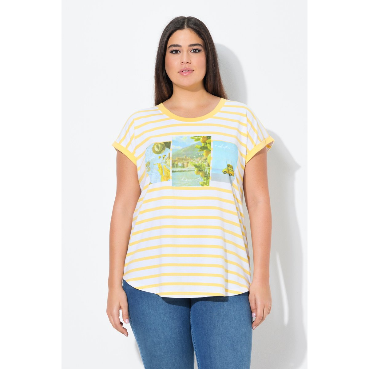 T-shirt oversize à rayures. Col rond jaune soleil, ULLA POPKEN