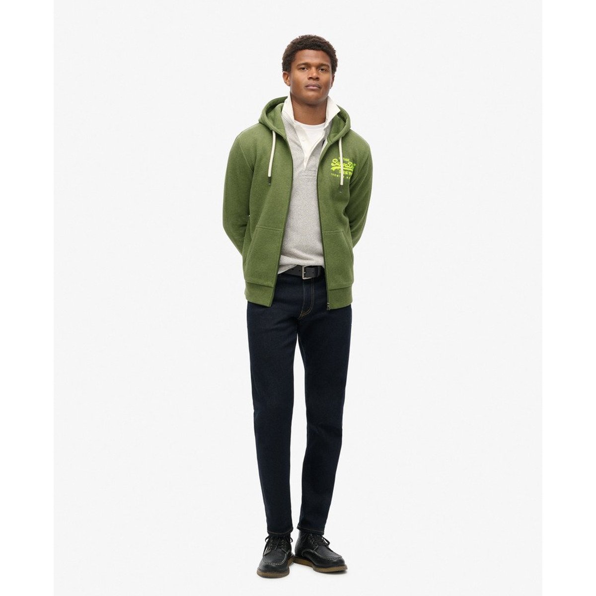 Sweat à capuche zippé à motif Neon Vintage Logo vert olive doux chiné, SUPERDRY