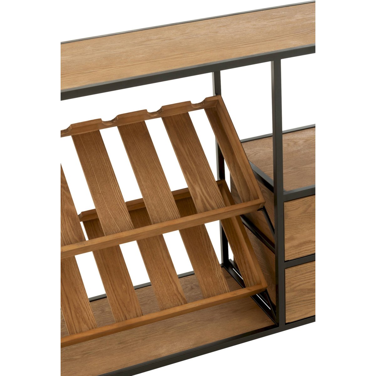 Meuble bar rectangulaire en bois avec rangement bouteilles bois naturel et métal noir, RECOLLECTION