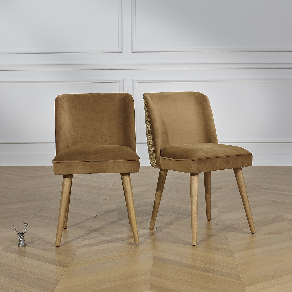 Lot de 2 chaises en hévéa, tweed et velours APOLLINE camel, ROBIN DES BOIS