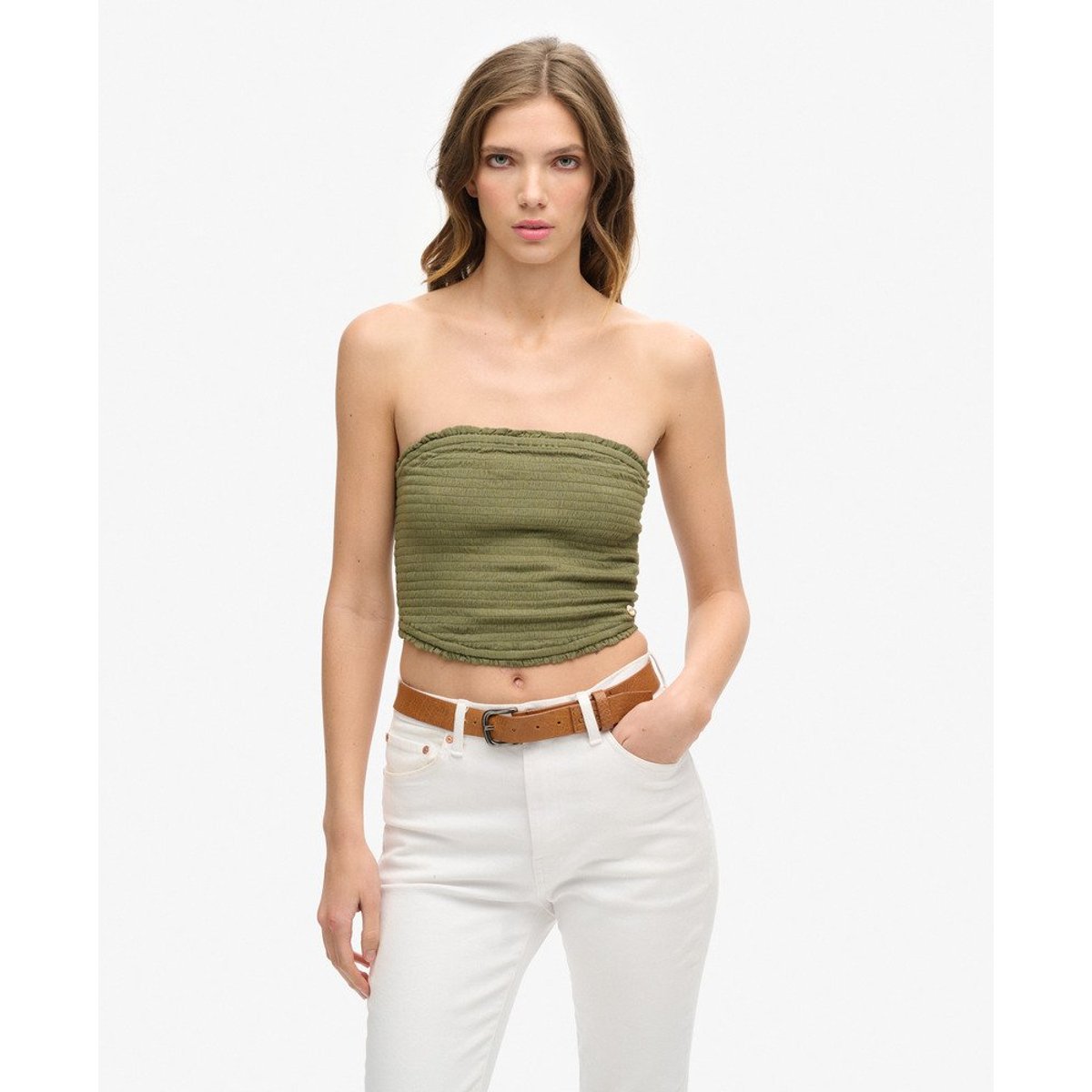 Haut bandeau smocké kaki délavé, SUPERDRY