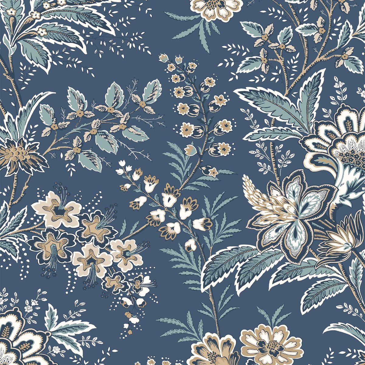 Papier peint fleurs jacobines du soir Marlbrook bleu, beige, LAURA ASHLEY