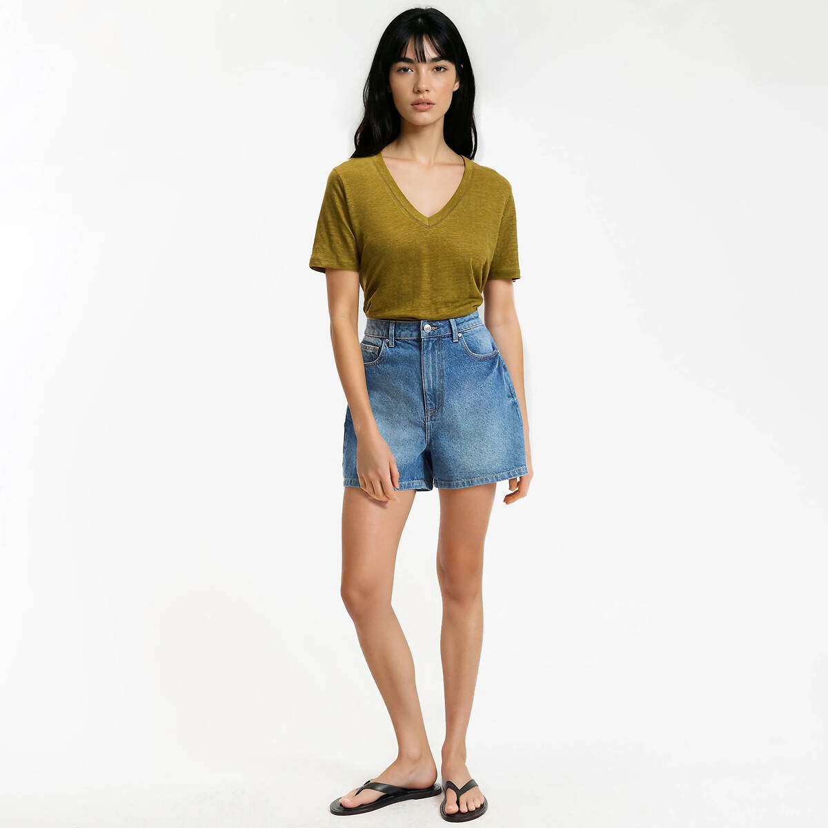T-shirt en lin, col V, manches courtes vert kaki, LA REDOUTE COLLECTIONS