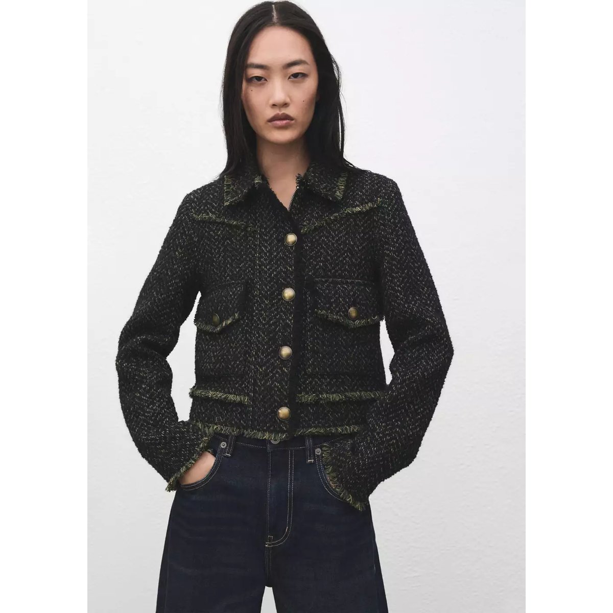 Veste tweed col à revers vert, MANGO