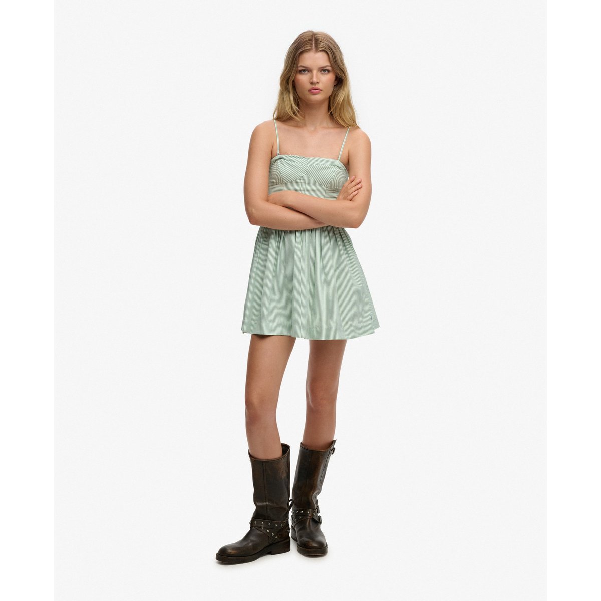 Mini Robe Corset à Bretelles rayé craie menthe poivrée, SUPERDRY