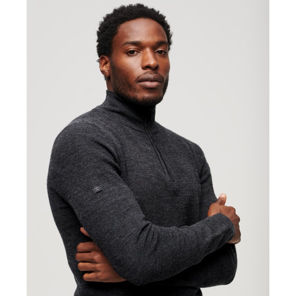 Pull semi-zippé en laine mérinos anthracite foncé chiné, SUPERDRY