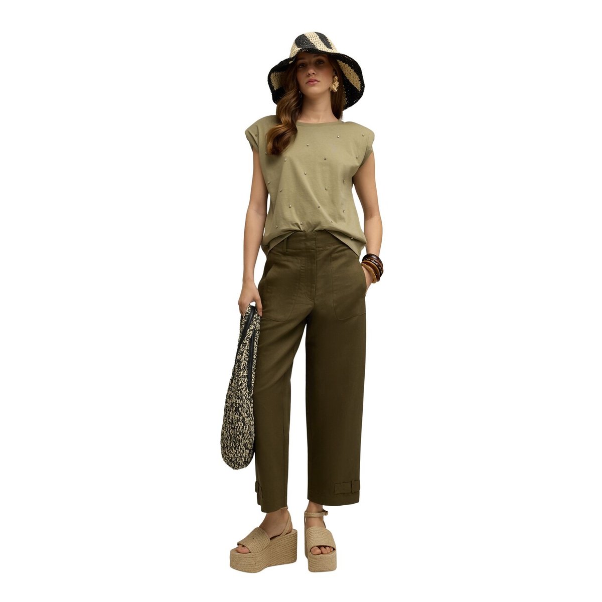 T-shirt avec applications de pierres verde militare, MOTIVI