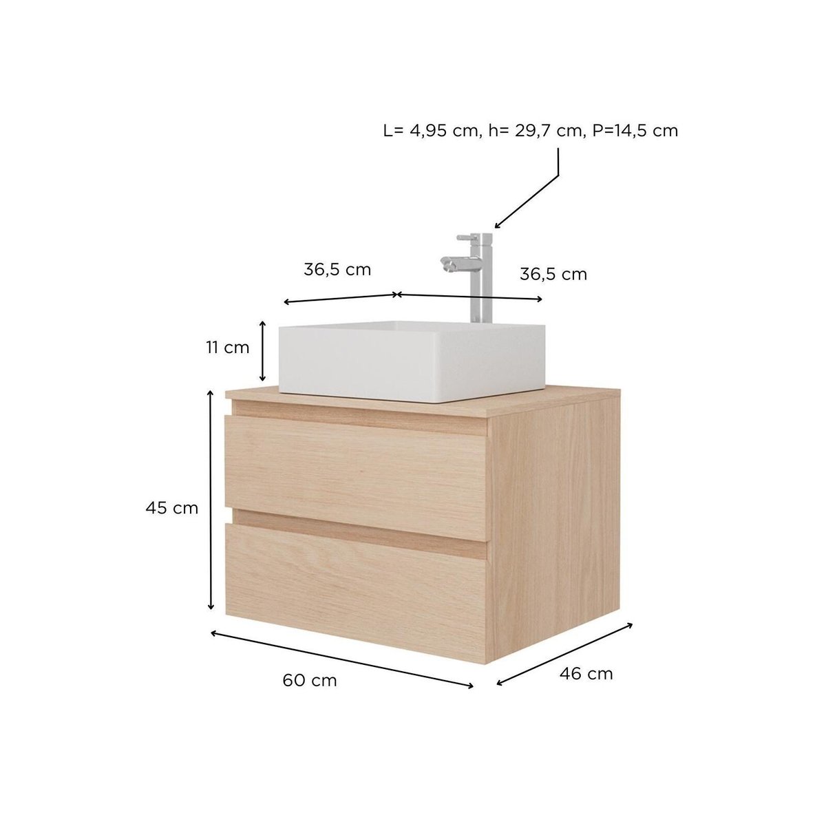 Ensemble Meuble simple vasque 60cm + Vasque + Robinet SORRENTO chêne, MOB IN