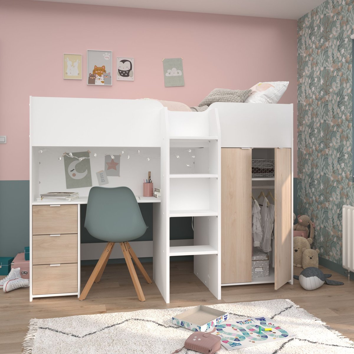 Lit mezzanine enfant en bois avec bureau et rangements blanc, TERRE DE NUIT