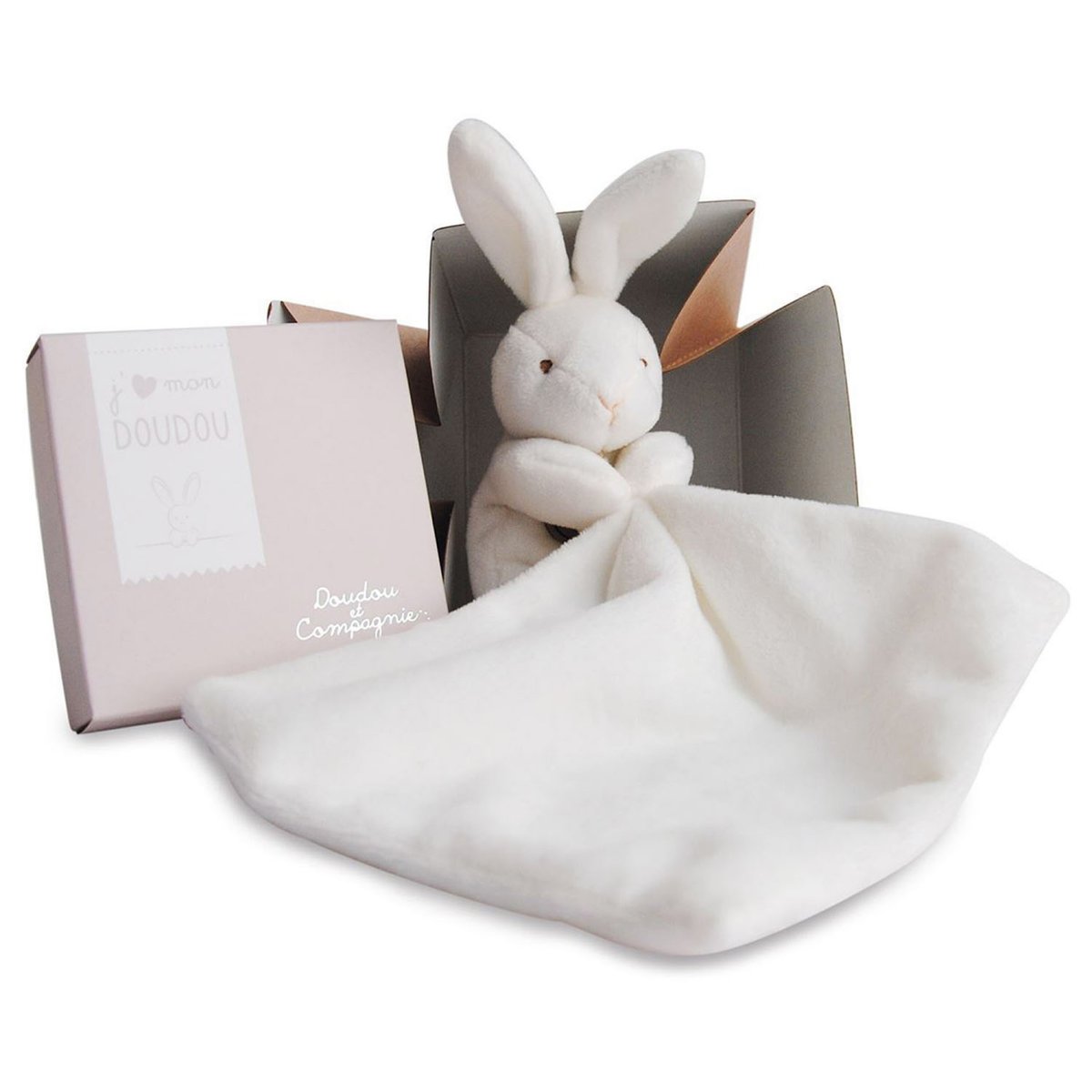 Doudou Lapin Mouchoir boite Fleur blanc, DOUDOU ET COMPAGNIE