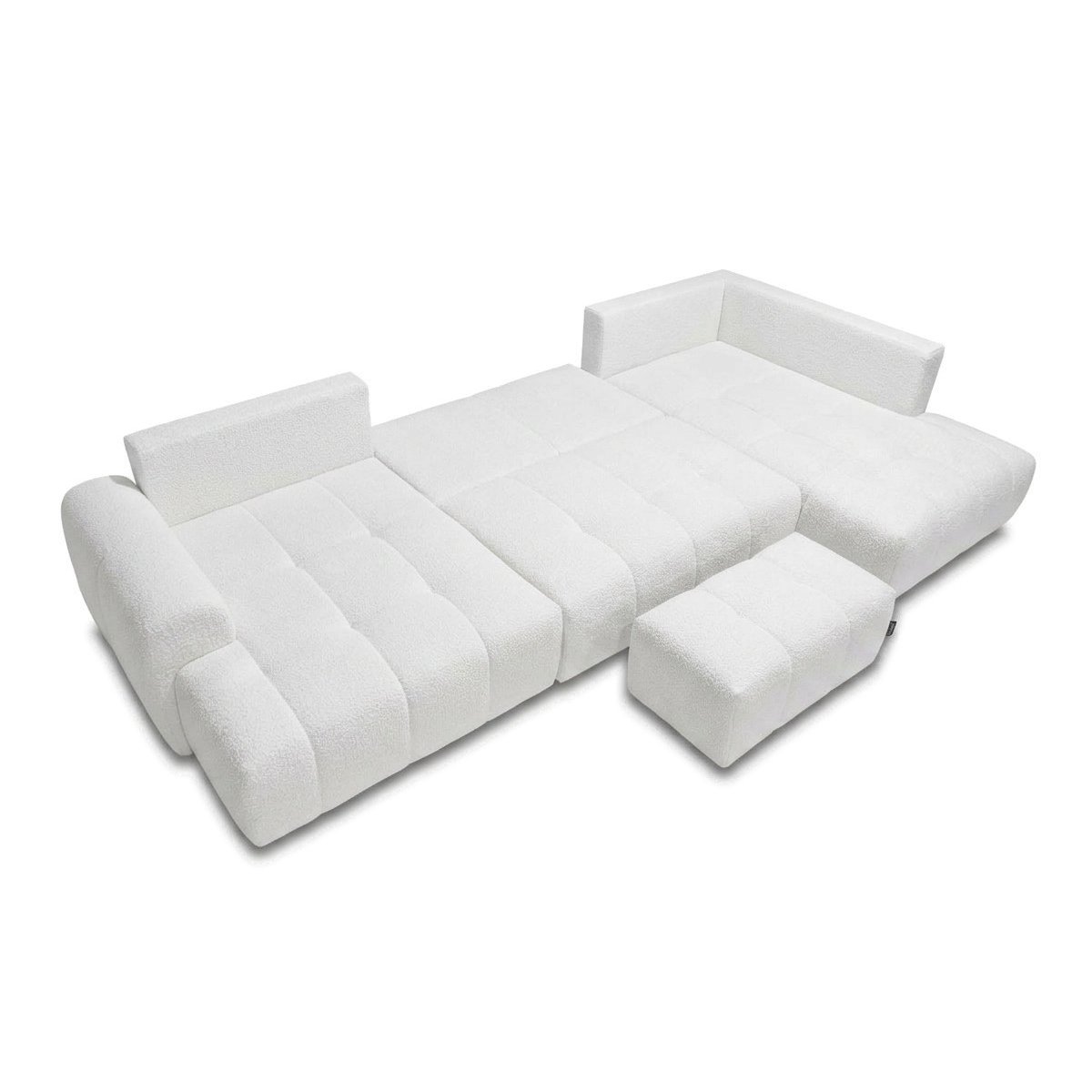 Canapé panoramique convertible 6 places en tissu bouclette avec pouf, ROXELANE blanc, BOBOCHIC