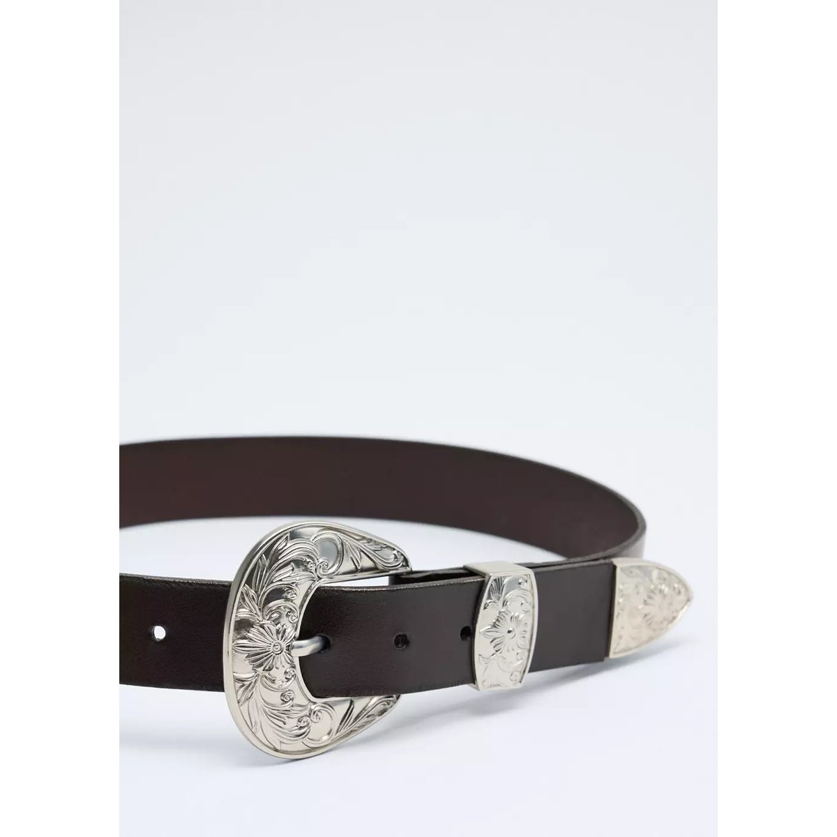 Ceinture cuir boucle gravée chocolat, MANGO