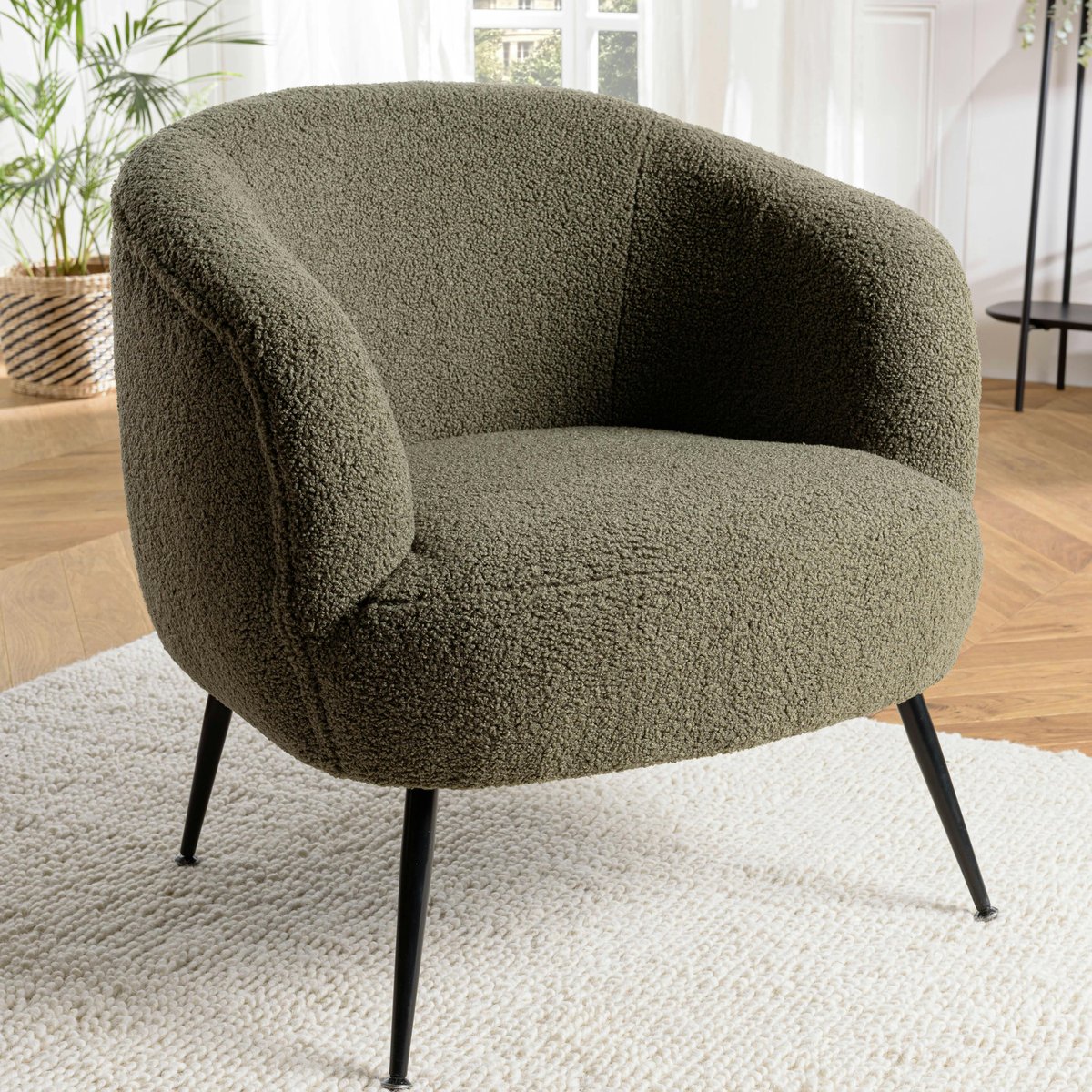Fauteuil forme cabriolet tissu bouclette vert kaki TIM kaki, PIER IMPORT