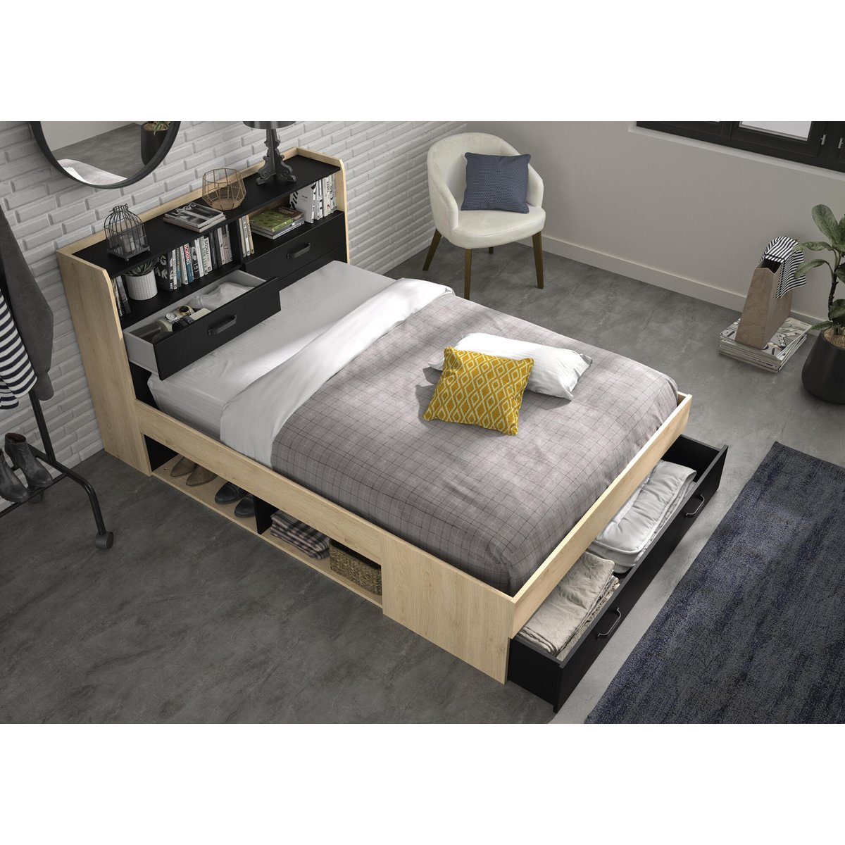 Lit adulte avec rangement beige, DIAGONE