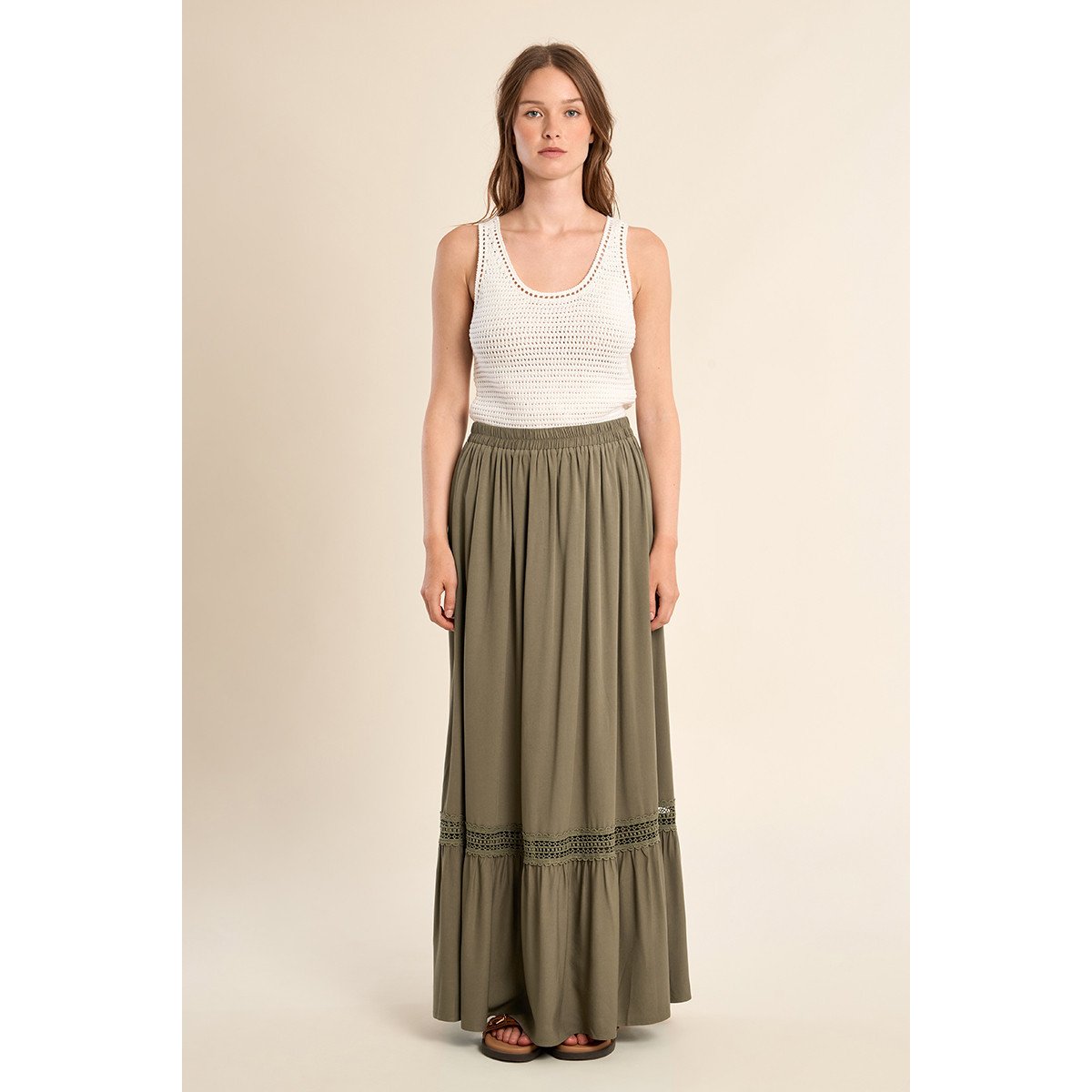 Longue jupe ajourée khaki, MOLLY BRACKEN