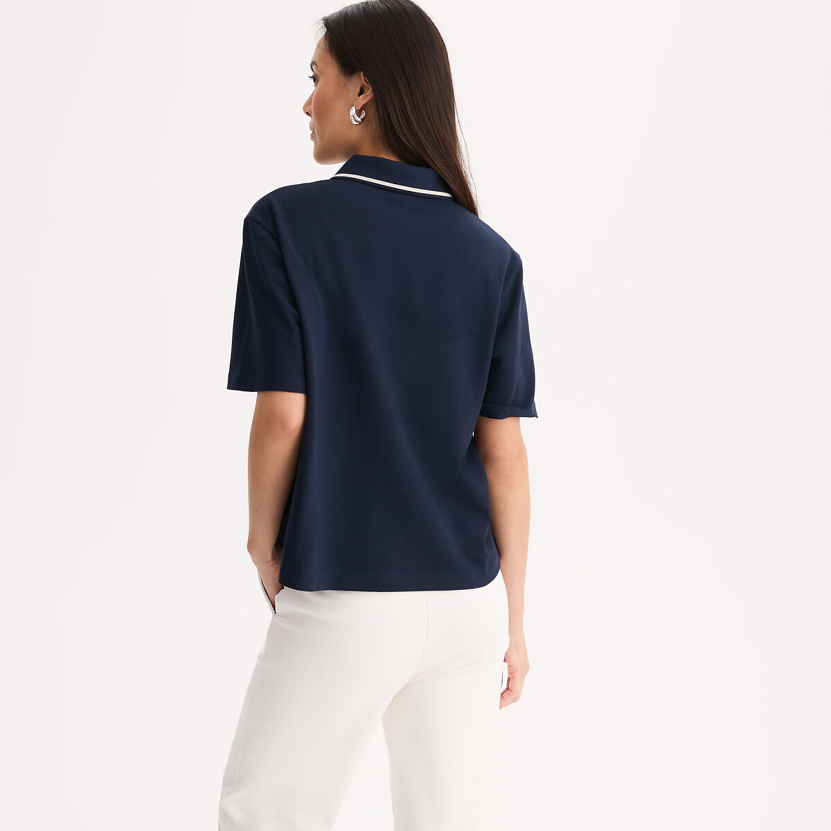 Polo en piqué de algodón de manga corta azul marino, ANNE WEYBURN