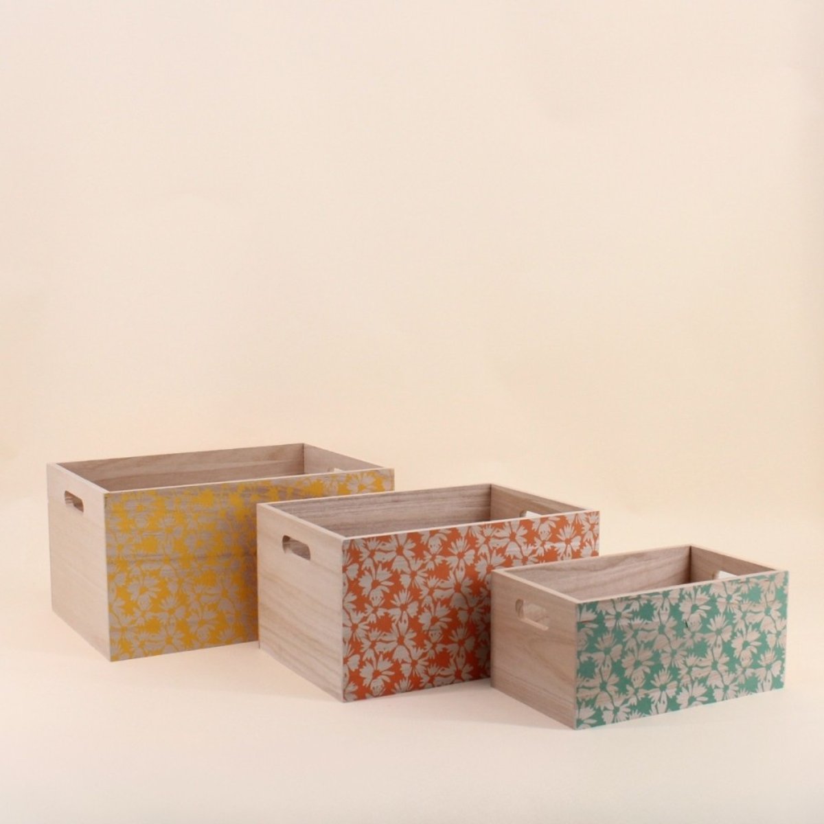 Set de 3 caisses fleuries empreintes en bois naturel, ORNAMI