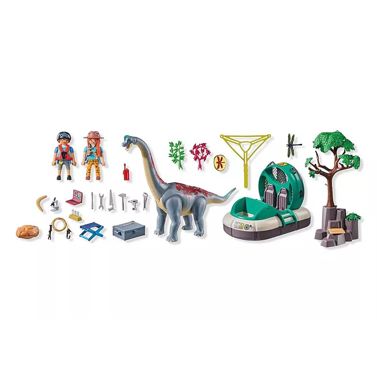 Brachiosaure avec explorateurs et aéroglisseur multicolore, PLAYMOBIL