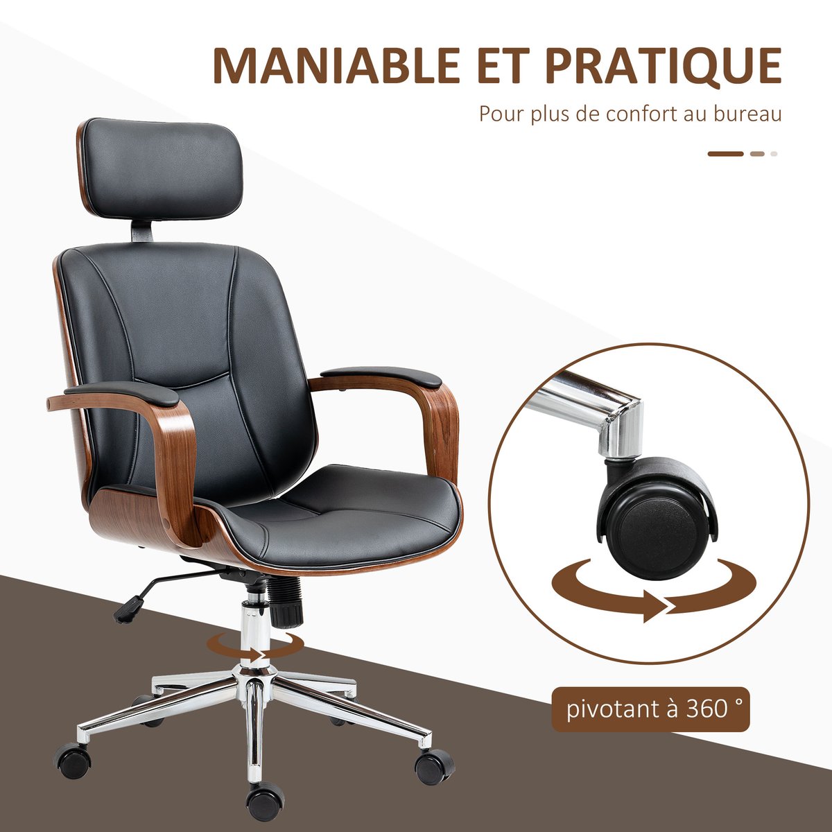 Chaise de bureau Polyuréthane Noir noir et noyer, HOMCOM