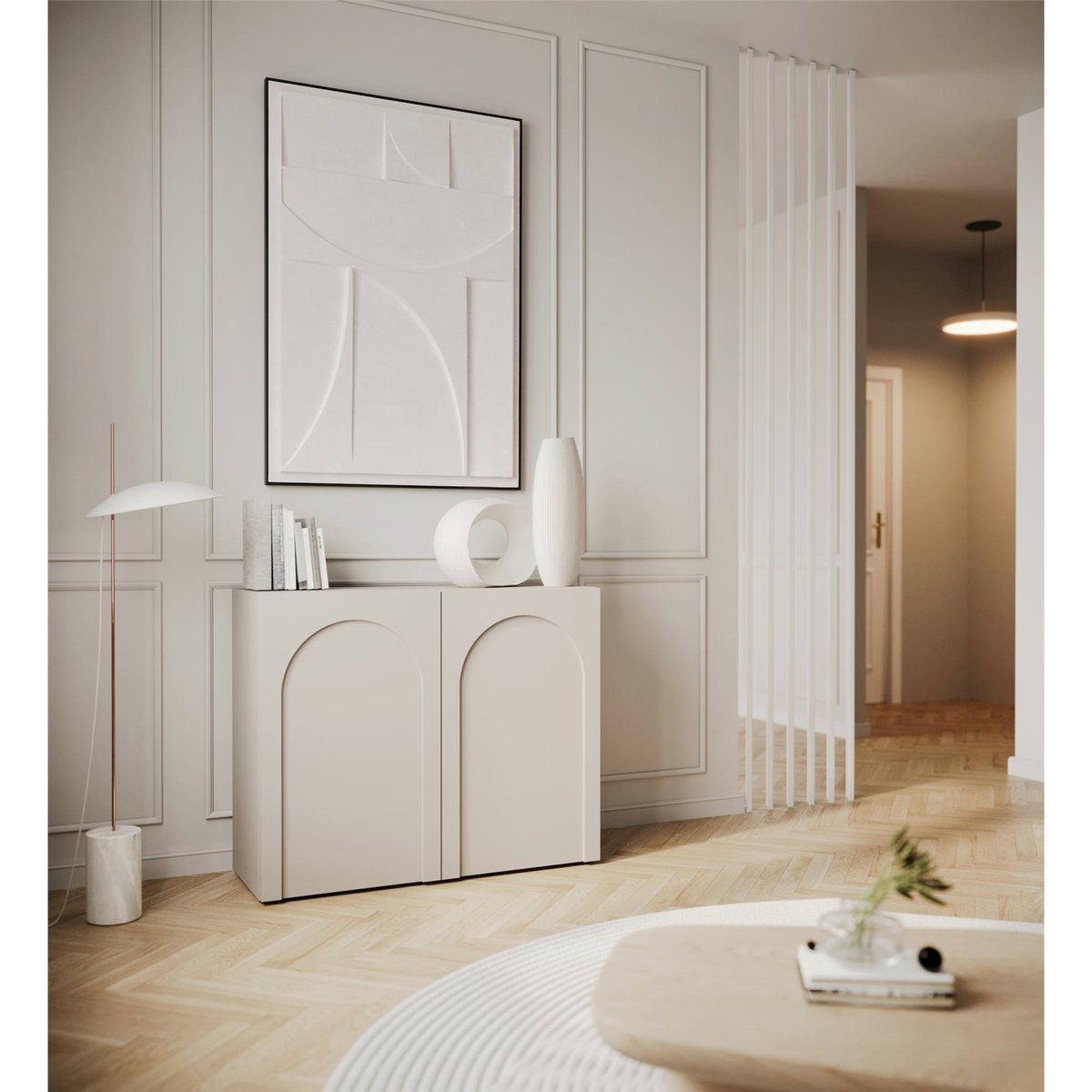 Buffet bas 2 portes rainurées collection ARKADIA cachemire mat et blanc, RECOLLECTION