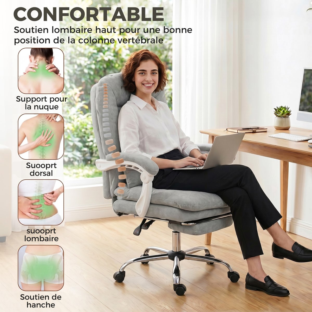 Chaise de bureau Velours (100 % Polyester) gris clair, HOMCOM