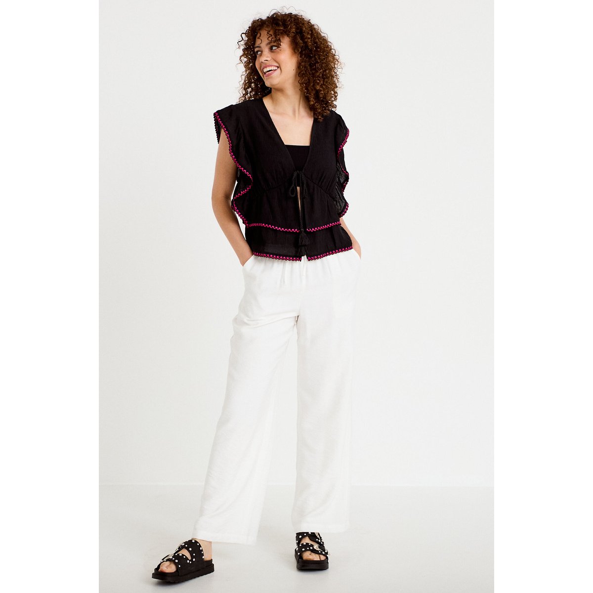 Blouse droite sans manches plissée noir, CACHE CACHE