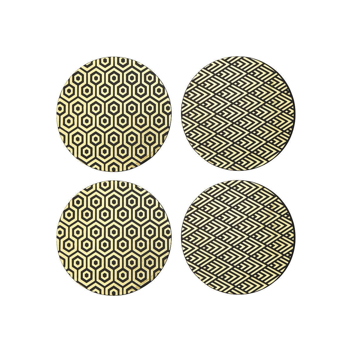 Set of 4 Round Black & Gold Leather Effect Placemats black, SO'HOME