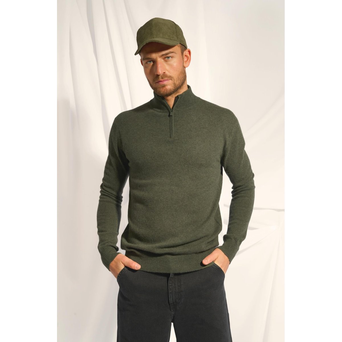Pull Camionneur Kaki Chiné Bradley kaki chiné, JUST CASHMERE