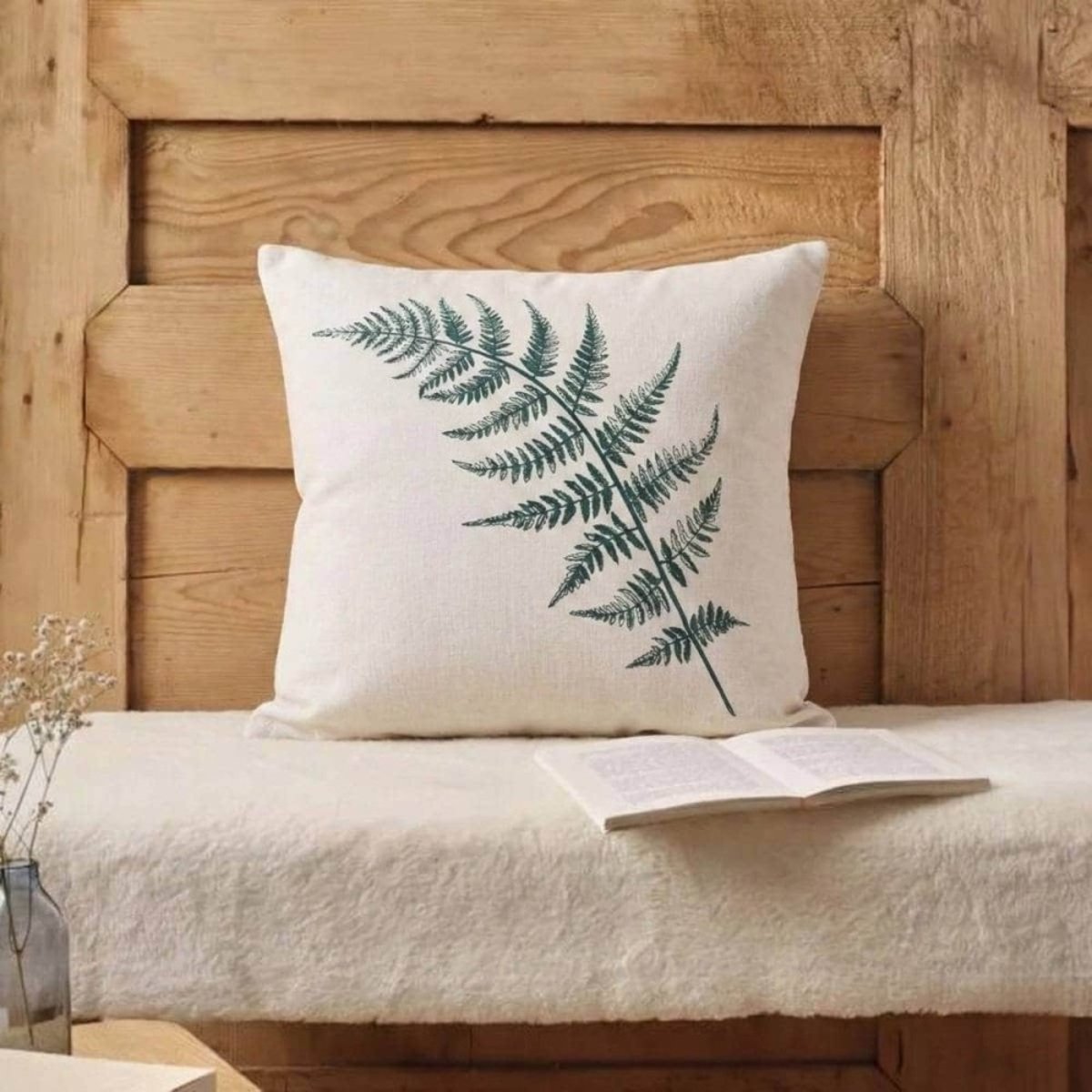 Coussin en coton motif fougère 40x40cm beige, ORNAMI
