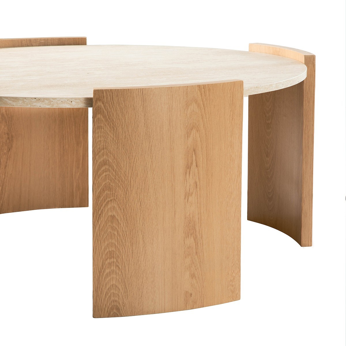 Table basse ronde effet travertin et bois - IZIA bois clair, CALICOSY